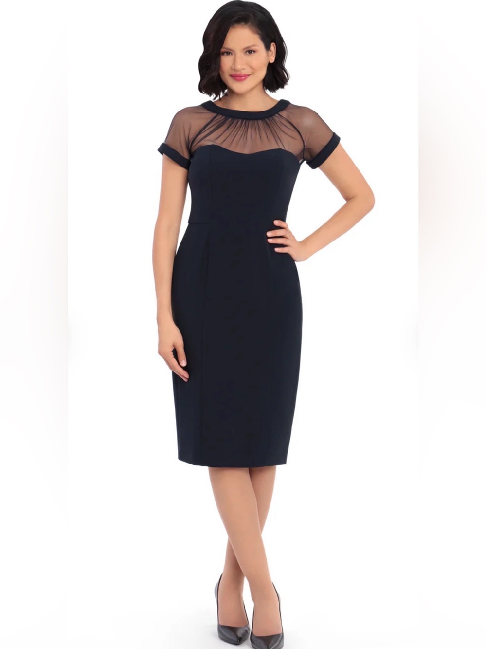 New Maggy London Elegant Illusion Sheath Pencil Dress Navy 12
